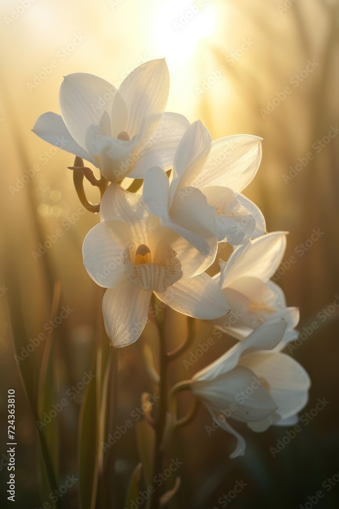 Fototapeta premium White orchid flower blossom in the mist and fog, vertical background