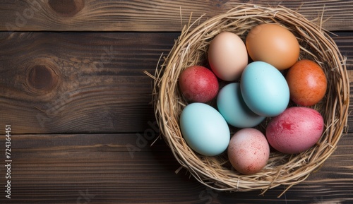 Multicolored Easter eggs in basket.