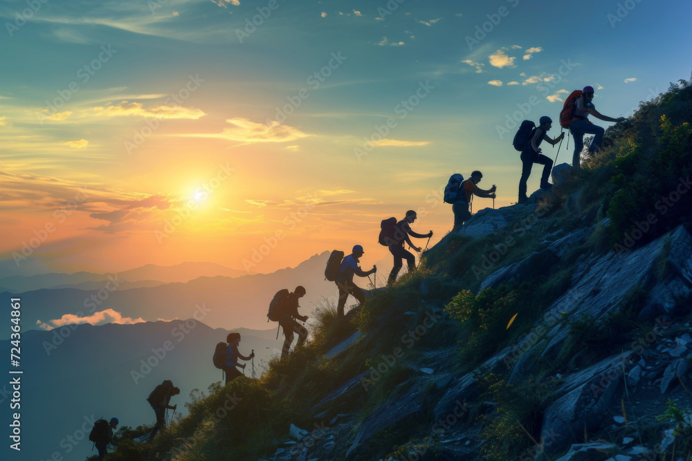 Group of hikers team with backpacks helping each other hike up a mountain. Adventurous lifestyle. Teamwork concept. - obrazy, fototapety, plakaty 
