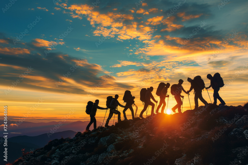 Fototapeta premium Group of hikers team with backpacks helping each other hike up a mountain. Adventurous lifestyle. Teamwork concept.