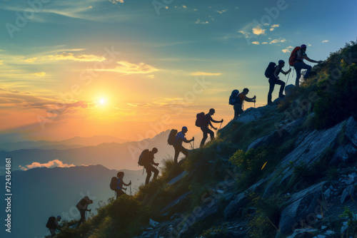 Group of hikers team with backpacks helping each other hike up a mountain. Adventurous lifestyle. Teamwork concept.