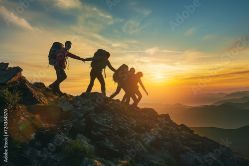 Group of hikers team with backpacks helping each other hike up a mountain. Adventurous lifestyle. Teamwork concept.