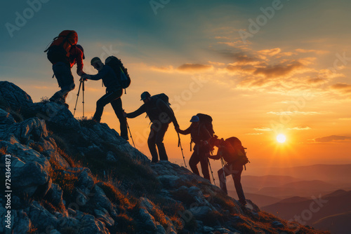 Group of hikers team with backpacks helping each other hike up a mountain. Adventurous lifestyle. Teamwork concept.