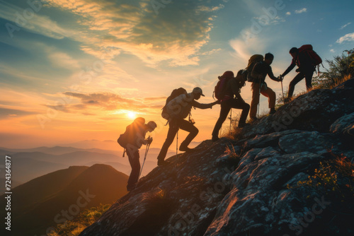 Group of hikers team with backpacks helping each other hike up a mountain. Adventurous lifestyle. Teamwork concept. photo