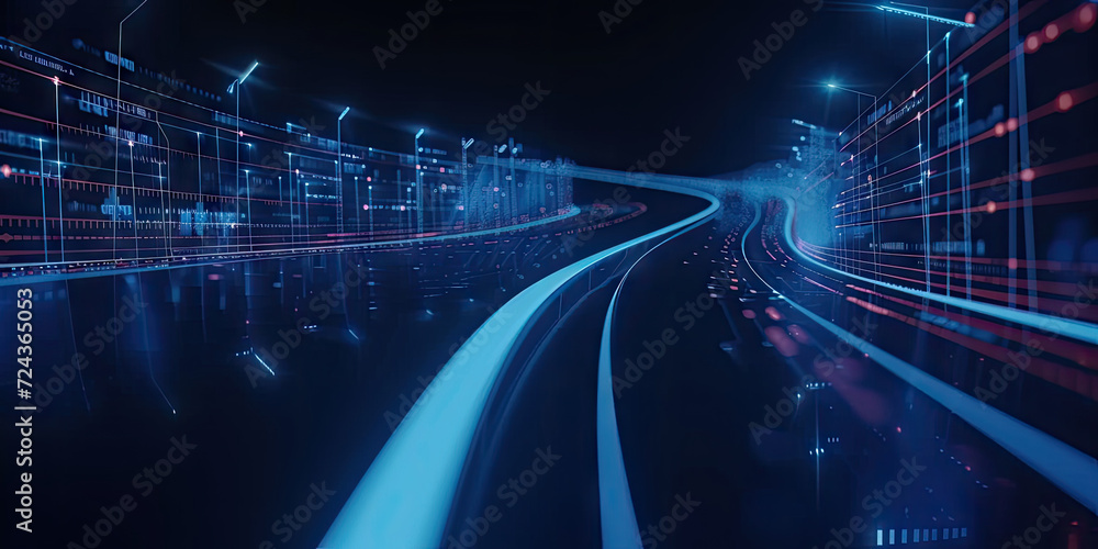 Fototapeta premium 3d abstract fast moving lines. High speed motion blur. curved blue and red light path trail with bokeh blur effect. , The concept of technology and information data transfer. Abstract digital