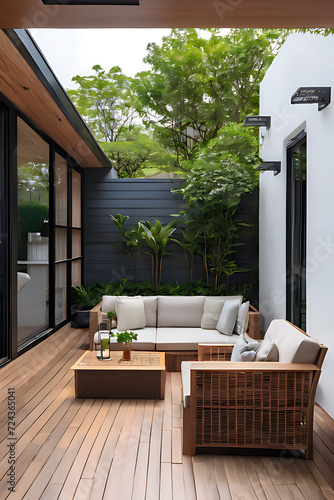Contemporary outdoor lounge in backyard Terrace house with wooden floor comfy seating and wicker ottoman Cozy patio or balcony space for relaxation Wooden veranda with outdoor furniture copy space