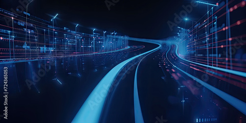 3d abstract fast moving lines. High speed motion blur. curved blue and red light path trail with bokeh blur effect. , The concept of technology and information data transfer. Abstract digital photo