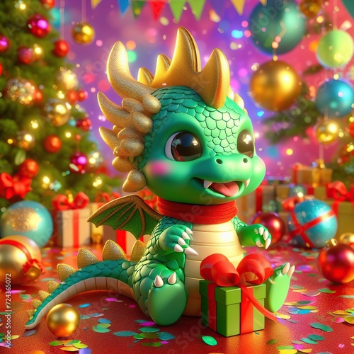 A cute little green dragon, the symbol of 2024, with big kind eyes, brought a beautiful gift, he sits on the background of a Christmas tree and colorful gifts