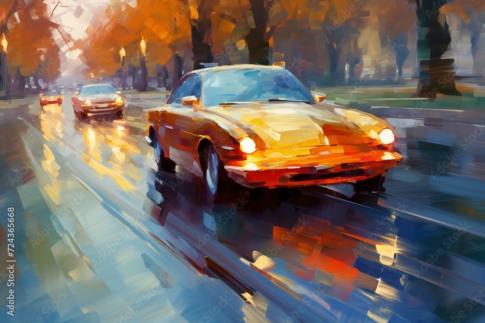 Yellow retro car on the road in the city,  Digital painting
