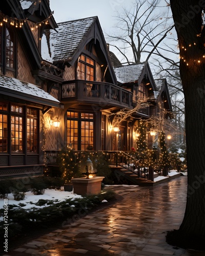 Beautiful wooden house with christmas lights in the city at night