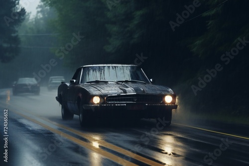 Old car on the road in the rain, Rainy day