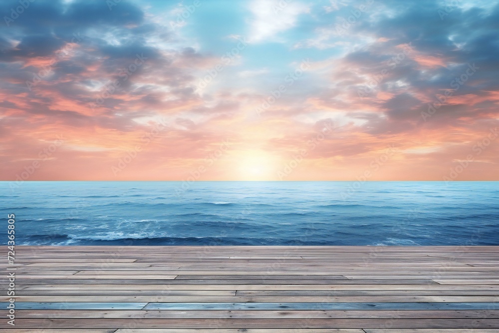 Wooden pier on the background of the sea and sky at sunset