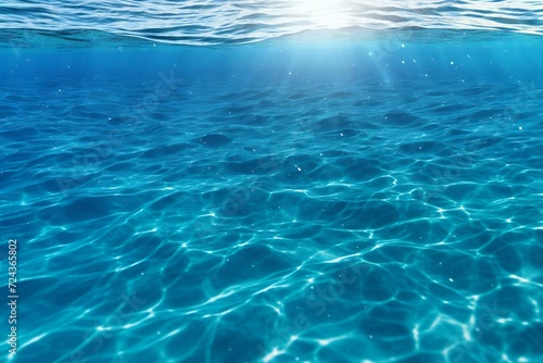 Underwater view of blue sea water surface with sun rays and lens flare