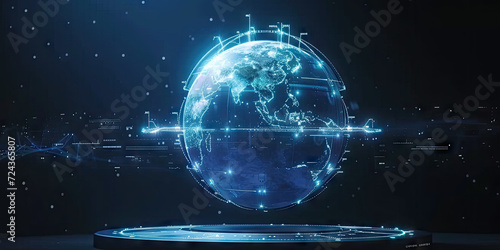 3d planet earth hologram surround with scifi ring elements. For news or advertising, global technology, telecom product background. futuristic