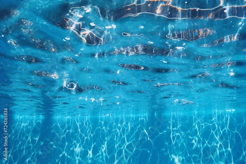 Underwater view of a swimming pool with sun reflections and ripples
