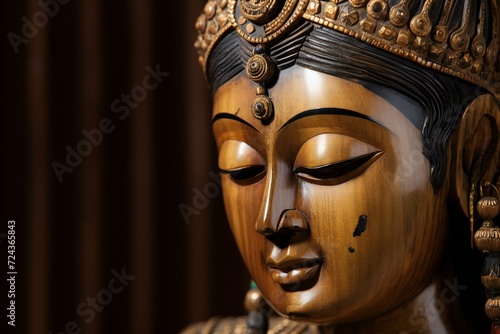 Wooden buddha face in thai temple, Thailand