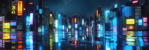  3d modern buildings in capital city with neon light reflection from puddles on street. Concept for night life  never sleep business district center   night cyberpunk city