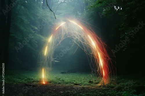 Light painting in the dark forest at night, Fire painting in the forest