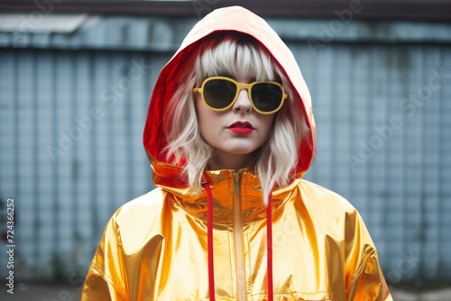 Stylish blonde girl in yellow raincoat and sunglasses on the street