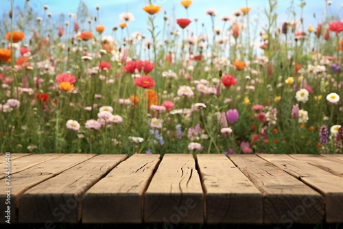 Wooden table in front of field of flowers, Collage