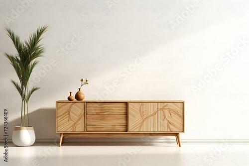 Interior of modern living room with wooden chest of drawers