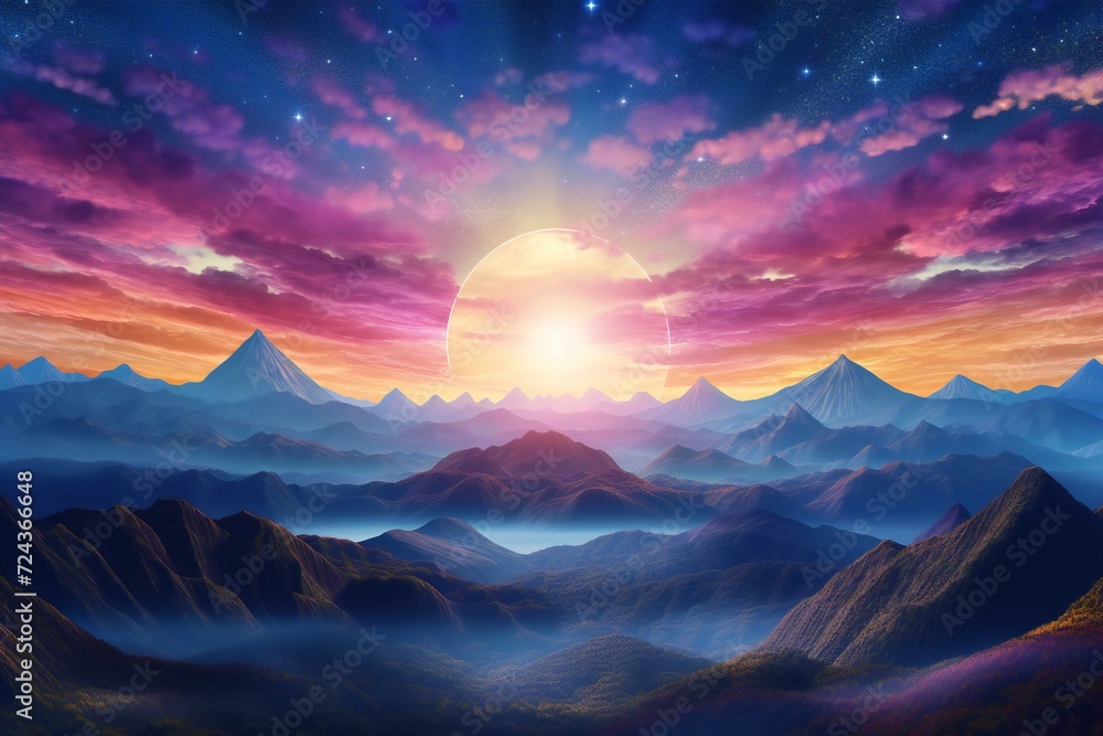 Fantasy landscape with mountains and sun,  Nature background