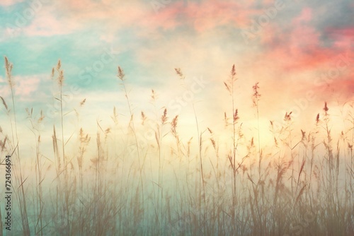Sunset on the meadow with reeds, retro toned