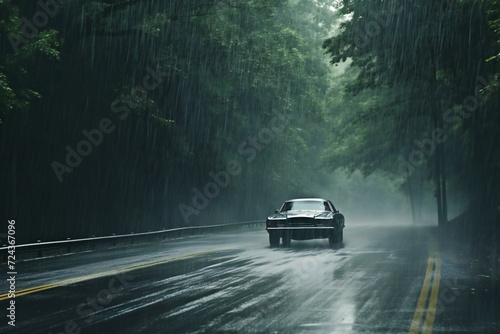 Rainy day in the forest with a car on the road
