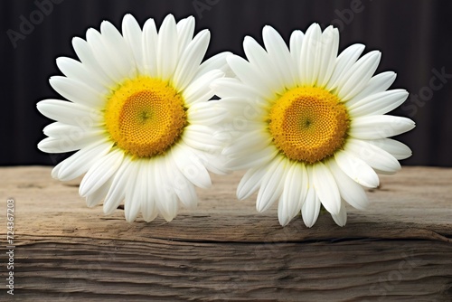 Two white daisies on a wooden background  close-up