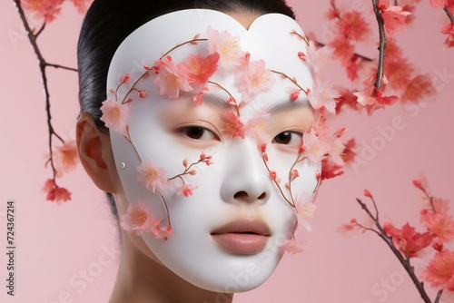 Beautiful asian woman with sakura flowers and face mask on pink background