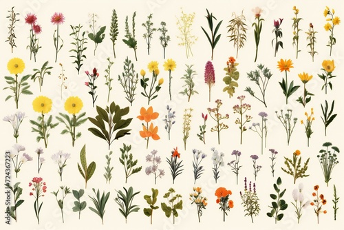 Set of meadow herbs and flowers,  Hand drawn