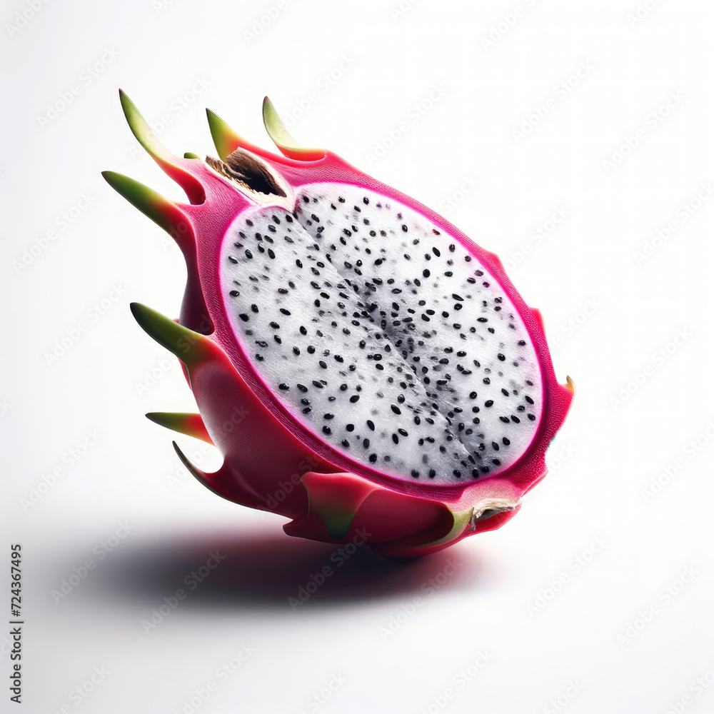 A dragon-fruit cut in half, revealing the white flesh and black seeds A dragon-fruit cut in half, revealing the white flesh and black seeds