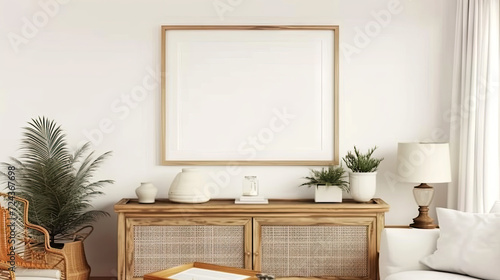empty mock up posters frame on white wall in modern interior living room background,