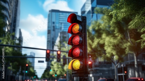 Traffic light sign change color on big city crossroad. Streetlight regulate traffic on megapolis highway closeup. Green red lights warning drivers on street.
