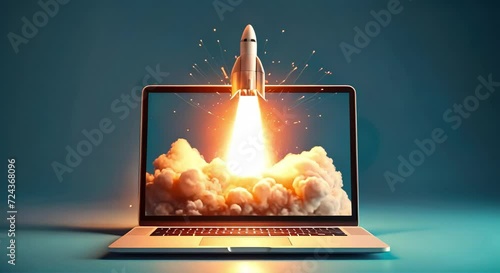 Rocket launch out of laptop (mov) made with Ai generative technology photo