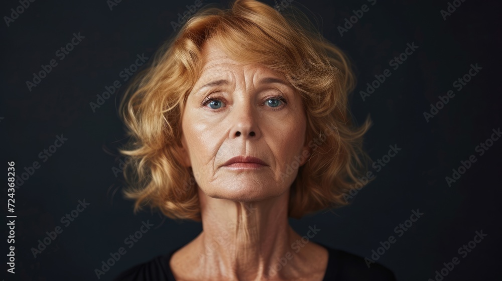 A middleaged woman with a pained expression indicating feelings of selfdoubt. A middleaged woman with a pained expression indicating feelings of selfdoubt.