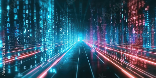  highway path through digital binary towers in city. Concept of big data, machine learning, artificial intelligence, hyper loop, virtual reality, high speed network. 3d render, montion blur speed