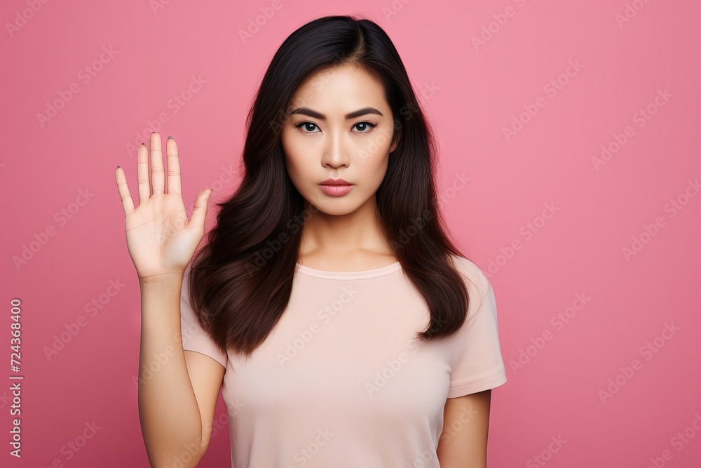 Young woman on a blue studio backdrop standing with outstretched hand showing stop sign Generative AI
