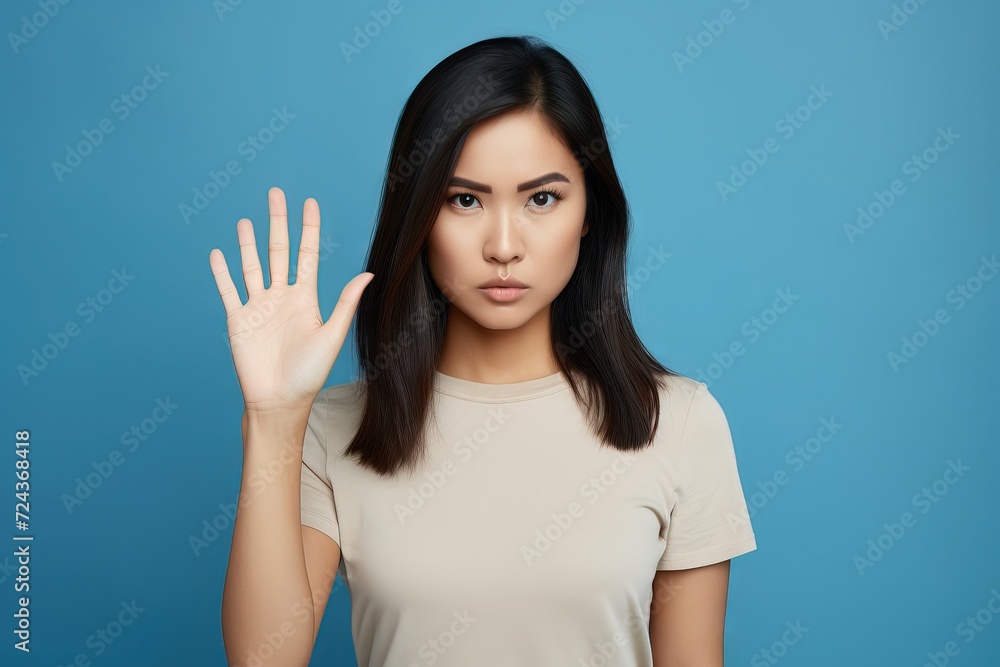 Young woman on a blue studio backdrop standing with outstretched hand showing stop sign Generative AI Young woman on a blue studio backdrop standing with outstretched hand showing stop sign Generative AI