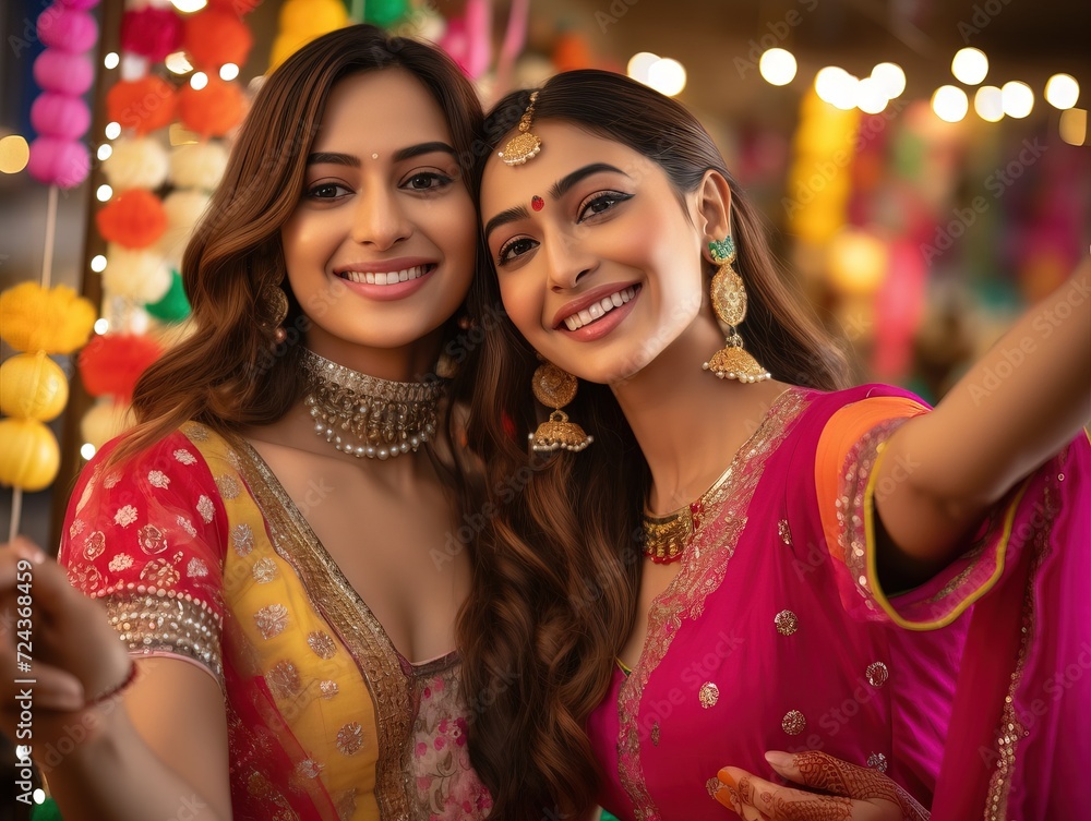 Two beautiful Indian woman selfie while wearing clothes Diwali festival celebration Generative AI