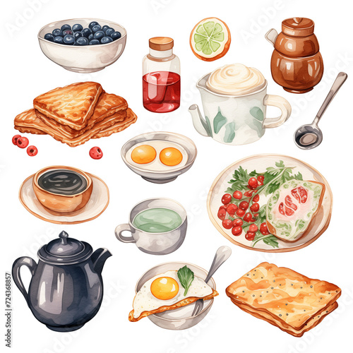 Watercolor of breakfast and coffee set with white background