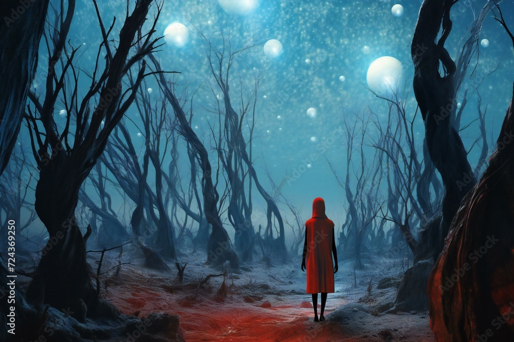 Halloween background with ghost woman in dark forest
