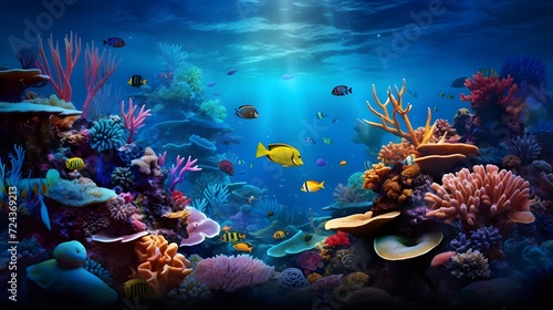 Underwater panorama of coral reef with fish and tropical fish.