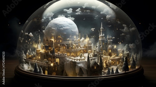 Fantasy city in a crystal ball. 3D rendering illustration.