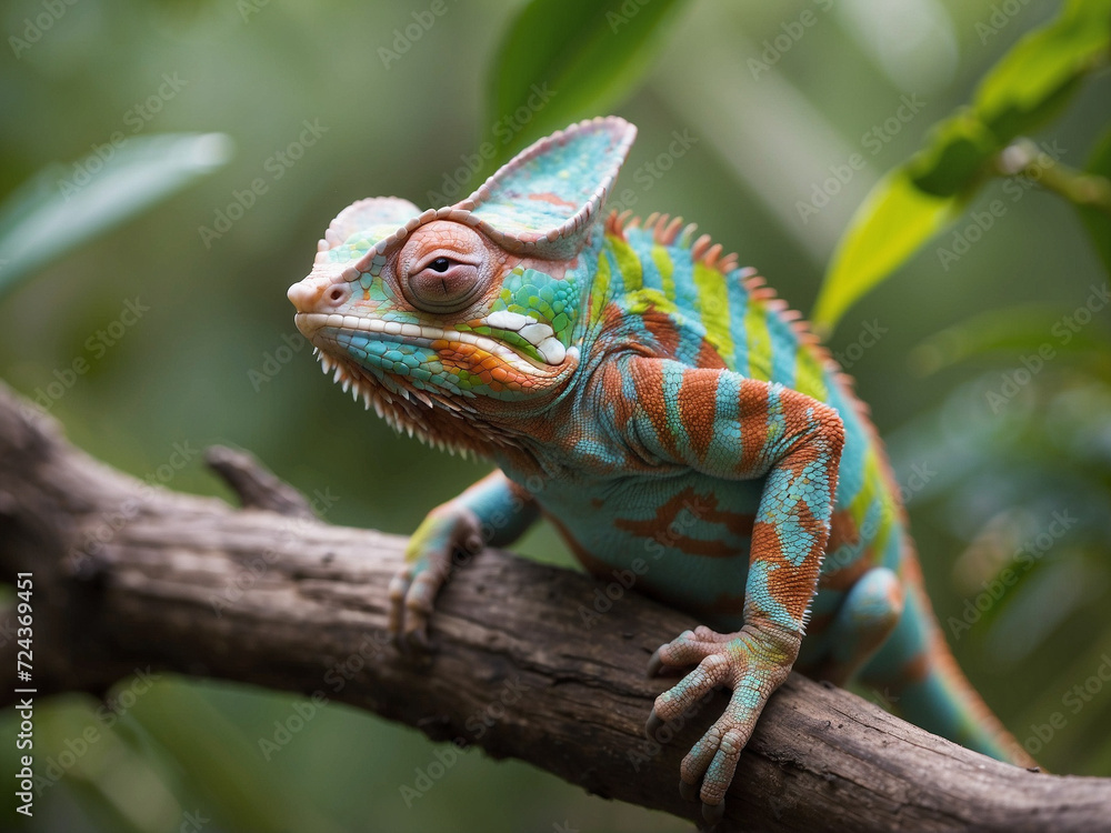 Fototapeta premium Colorful chameleon sitting on a branch in nature, Macro photography