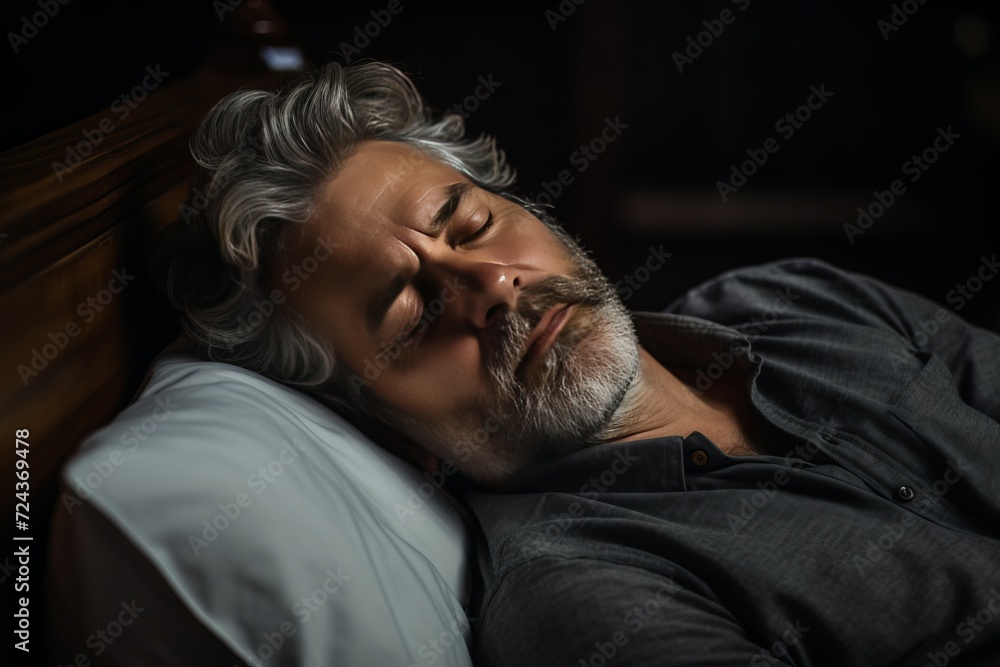Fototapeta premium A middle-aged graying Arab man with a beard sleeping on a bed. A tired man. The businessman has a problem with sleep. Insomnia