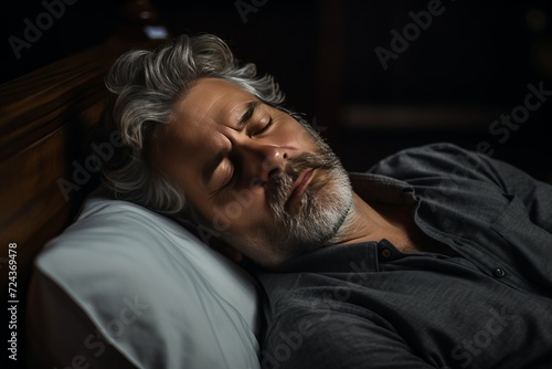 A middle-aged graying Arab man with a beard sleeping on a bed. A tired man. The businessman has a problem with sleep. Insomnia