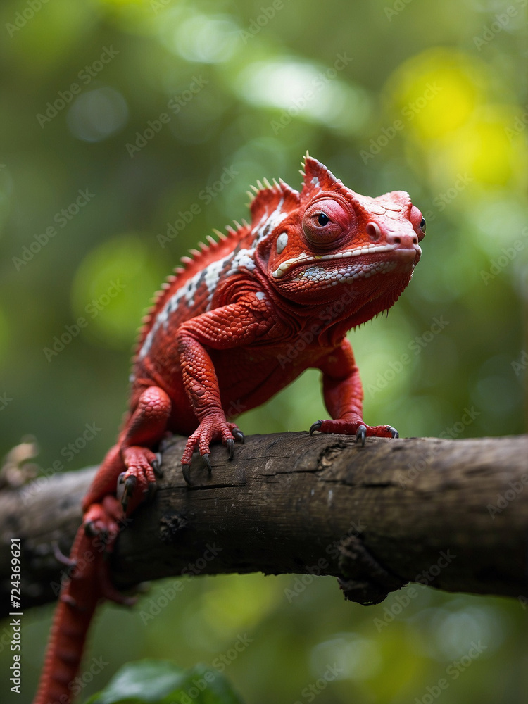 Colorful chameleon sitting on a branch in nature, Macro photography Colorful chameleon sitting on a branch in nature, Macro photography