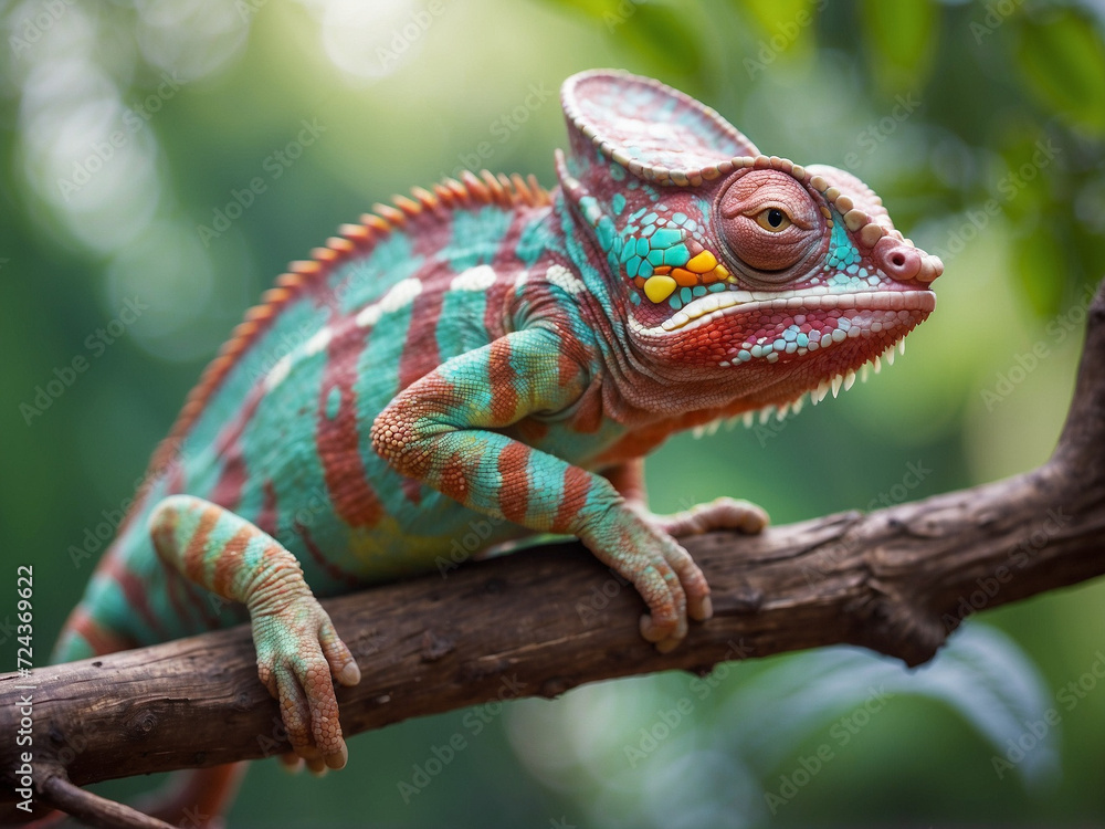 Colorful chameleon sitting on a branch in nature, Macro photography Colorful chameleon sitting on a branch in nature, Macro photography