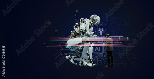 man standing holding laptop stand in front of robot In a business scene full of technology, 3d, rendering, illustration,